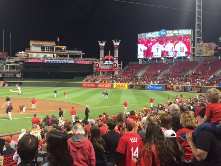 Fans celebrate a Reds' win over the Milwaukee Brewers on May 6, 2016.