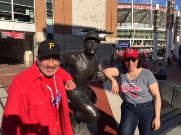 George and Anne flank a statue of Reds great Joe Morgan, arguably the greatest second baseman of all time.
